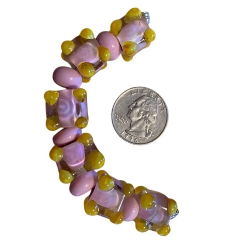 Handmade Pink & Yellow Cubes w/spacer Lampwork Glass Beads - New